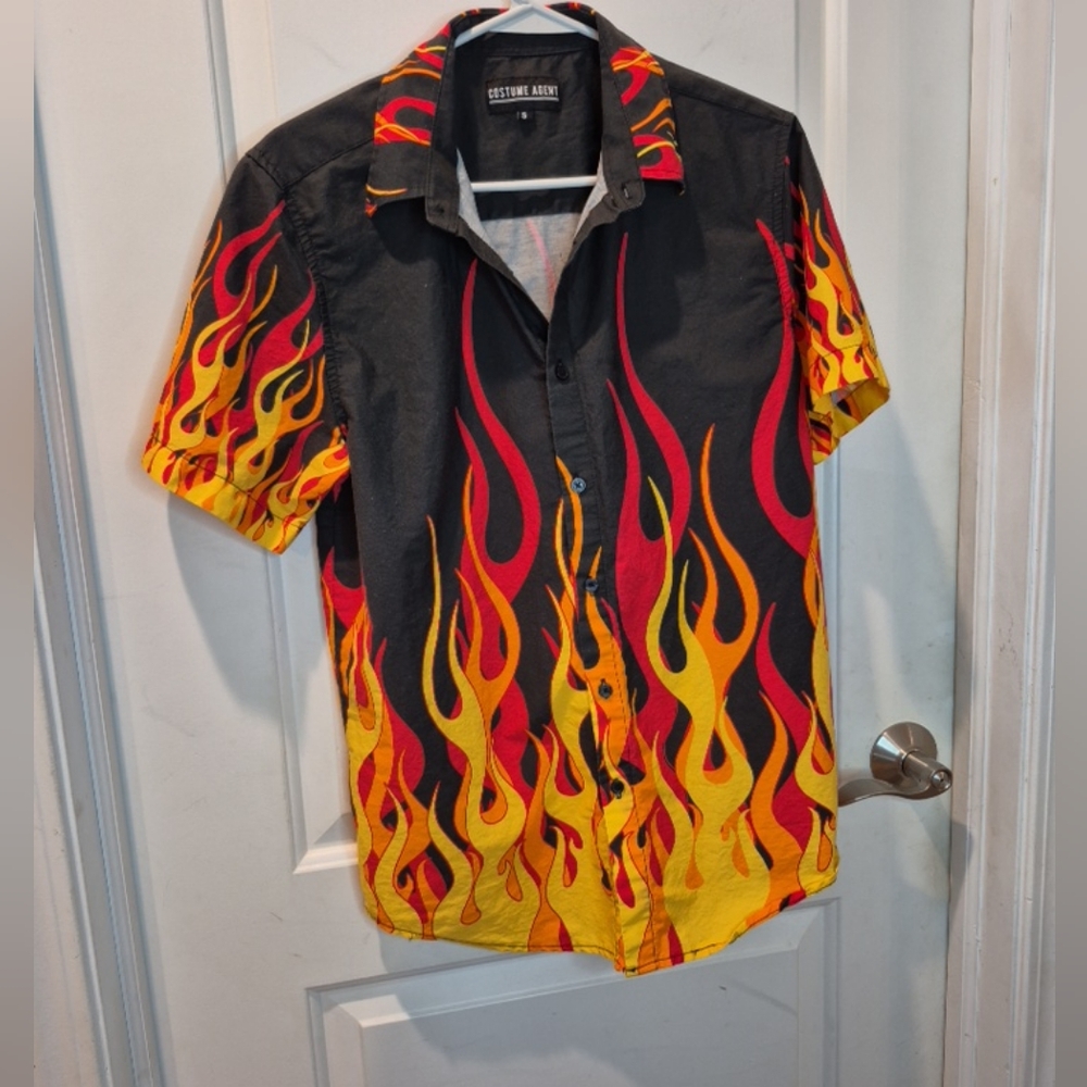 Men's Black Flame Button Down Shirt Costume Agent Cosplay, Halloween Guy Fieri